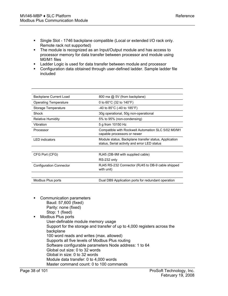 General specifications, Hardware specifications, Functional specifications | ProSoft Technology MVI46-MBP User Manual | Page 38 / 101
