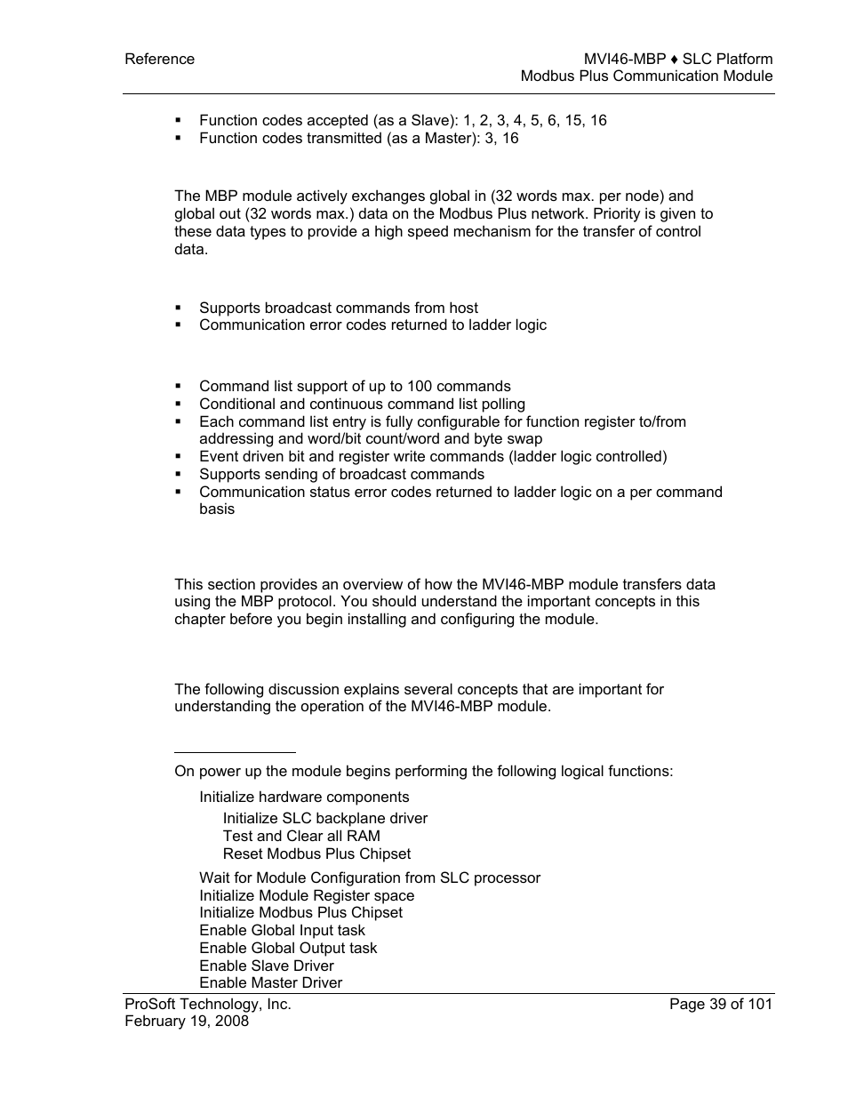 Functional overview, General concepts, Module power up | E 39), Functional, Overview | ProSoft Technology MVI46-MBP User Manual | Page 39 / 101
