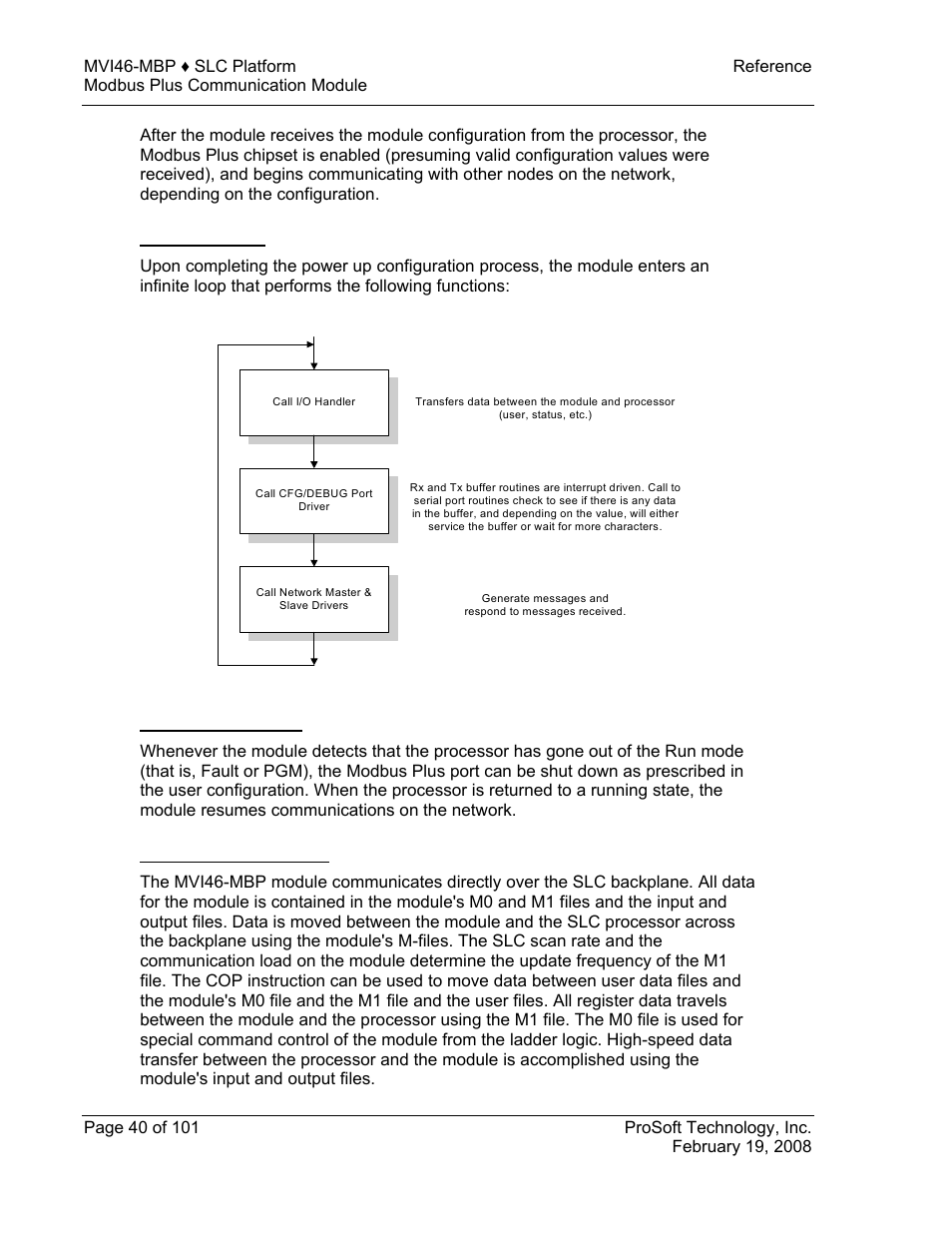 Main logic loop, Processor not in run, Backplane data transfer | ProSoft Technology MVI46-MBP User Manual | Page 40 / 101