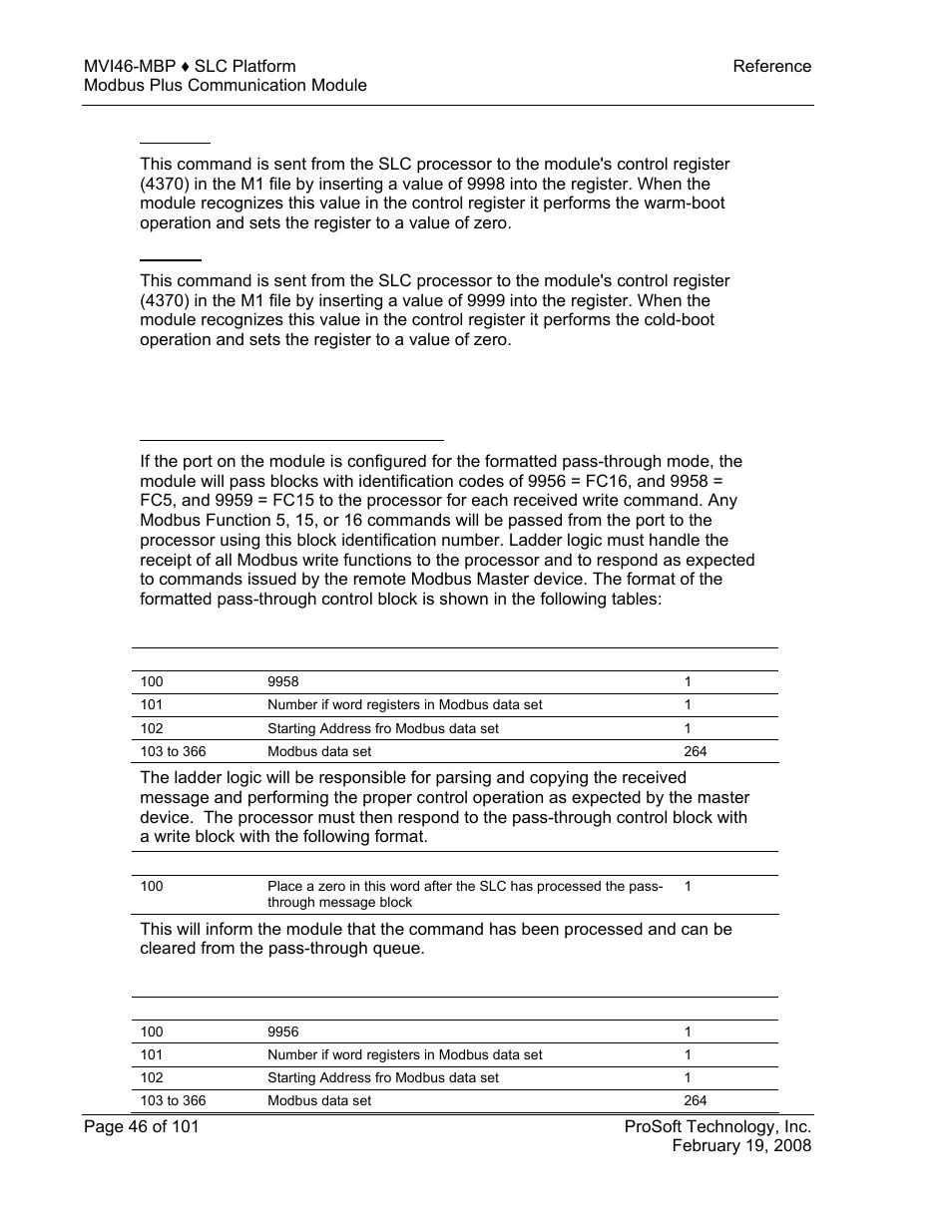 Warm boot, Cold boot, Pass-through control blocks | Formatted pass through control blocks, Function 5, Function 6 and 16 | ProSoft Technology MVI46-MBP User Manual | Page 46 / 101