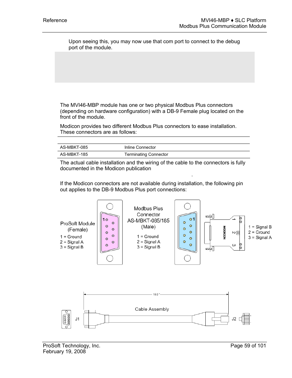 Modbus plus connections, Db9 to rj45 adaptor (cable 14), Modbus | Plus, Connections | ProSoft Technology MVI46-MBP User Manual | Page 59 / 101