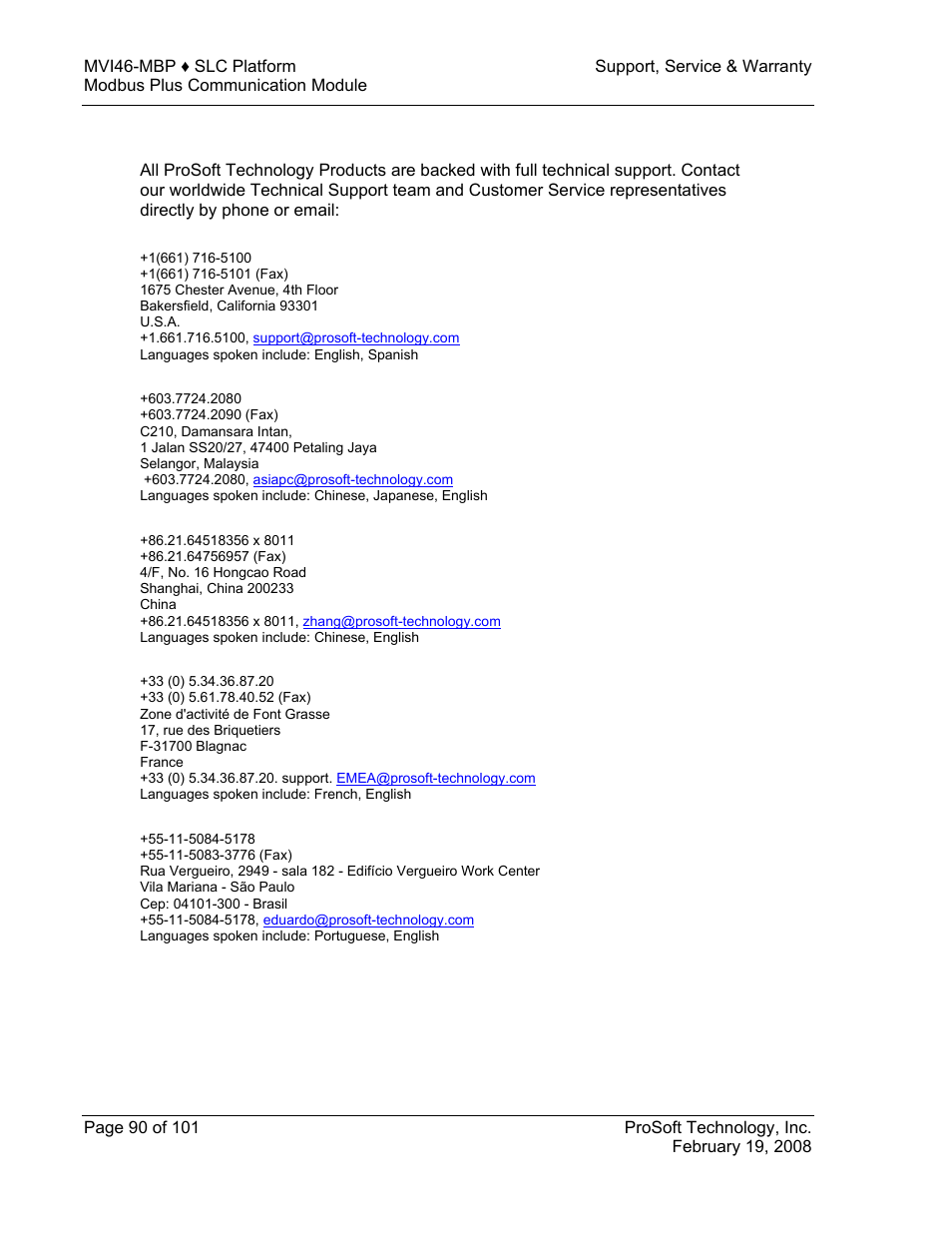 How to contact us: sales and support | ProSoft Technology MVI46-MBP User Manual | Page 90 / 101