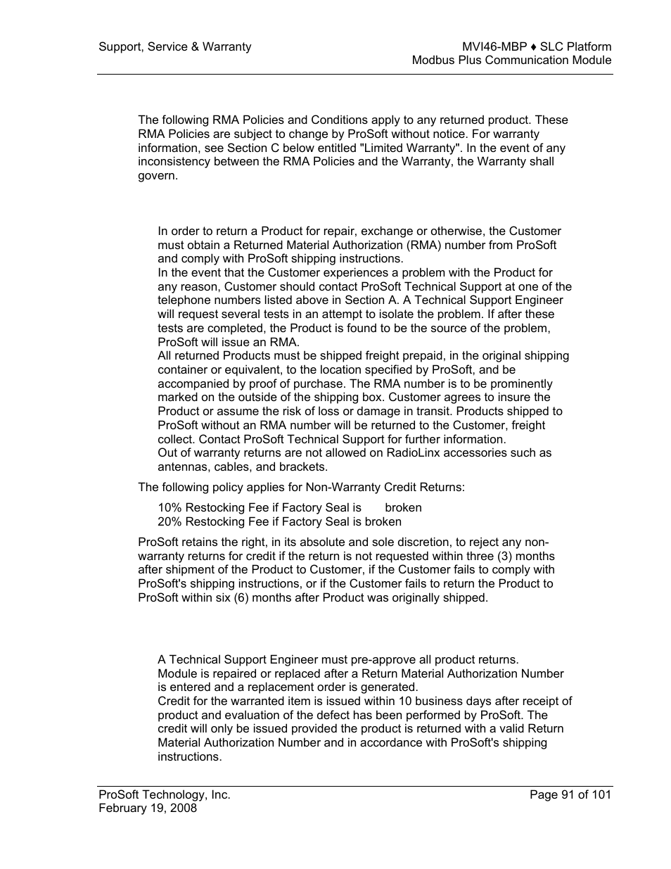 All product returns, Procedures for return of units under warranty | ProSoft Technology MVI46-MBP User Manual | Page 91 / 101