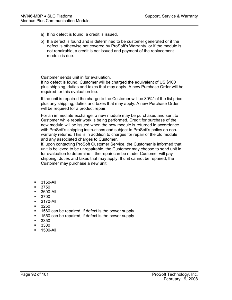 Procedures for return of units out of warranty, Un-repairable units | ProSoft Technology MVI46-MBP User Manual | Page 92 / 101