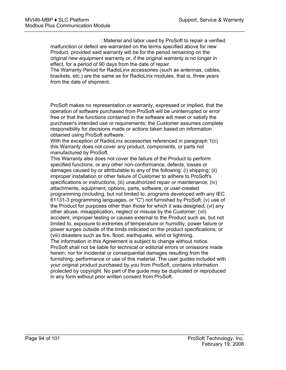 What is not covered by this warranty | ProSoft Technology MVI46-MBP User Manual | Page 94 / 101