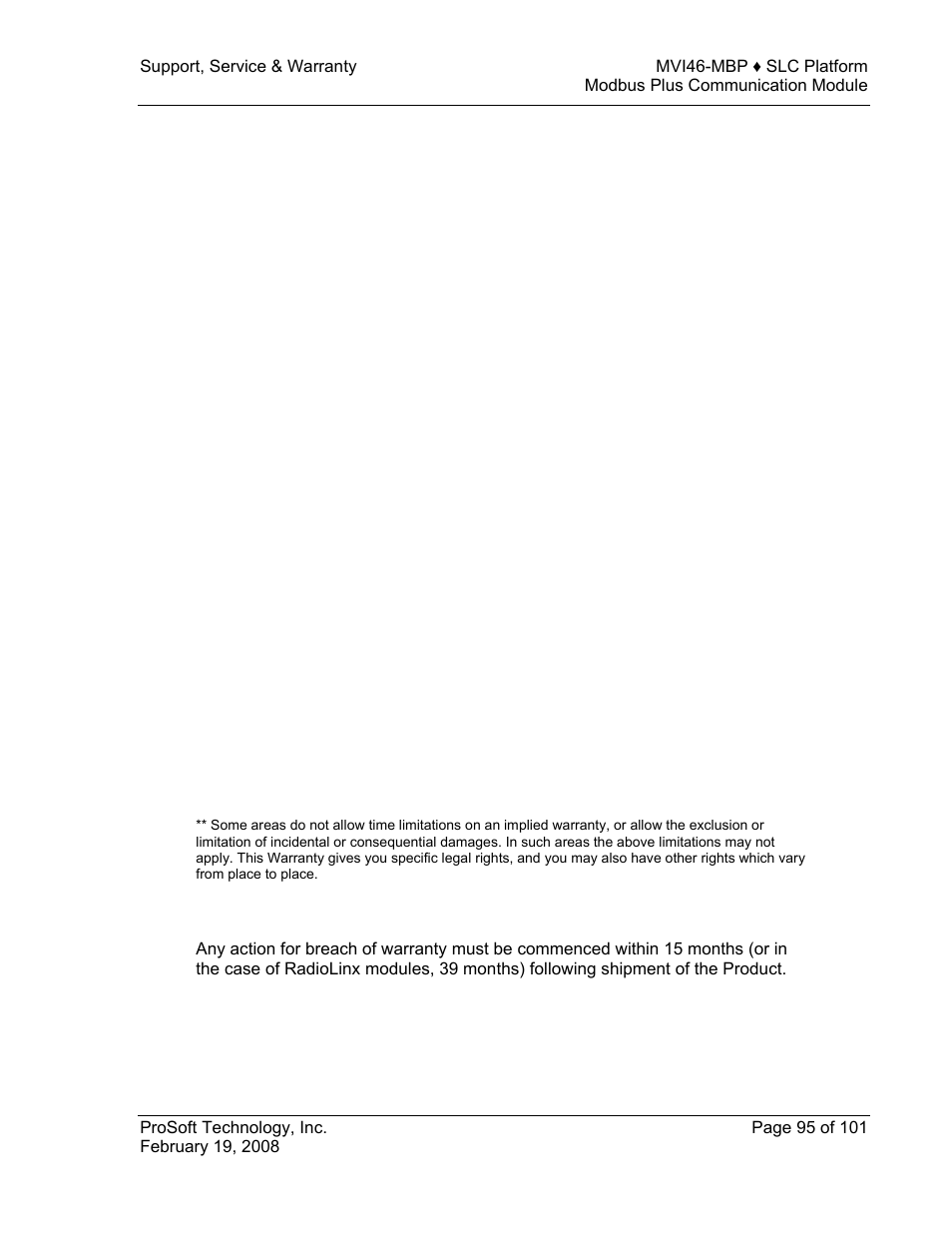 Disclaimer regarding high risk activities, Disclaimer of all other warranties, Limitation of remedies | Time limit for bringing suit | ProSoft Technology MVI46-MBP User Manual | Page 95 / 101