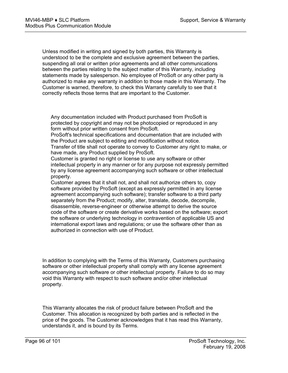No other warranties, Intellectual property, Allocation of risks | ProSoft Technology MVI46-MBP User Manual | Page 96 / 101