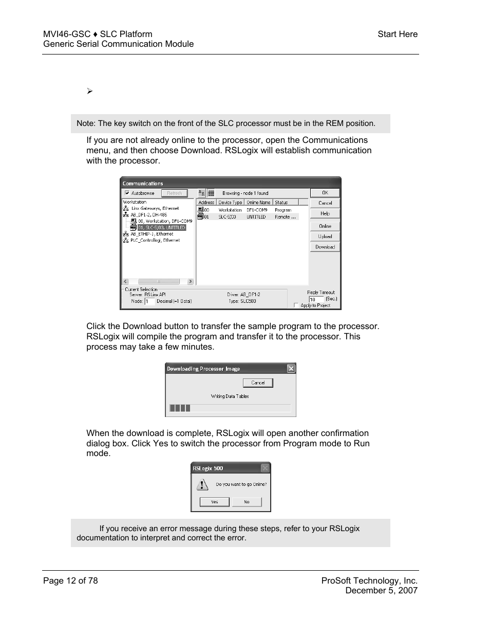 Download the sample program to the processor | ProSoft Technology MVI46-GSC User Manual | Page 12 / 78