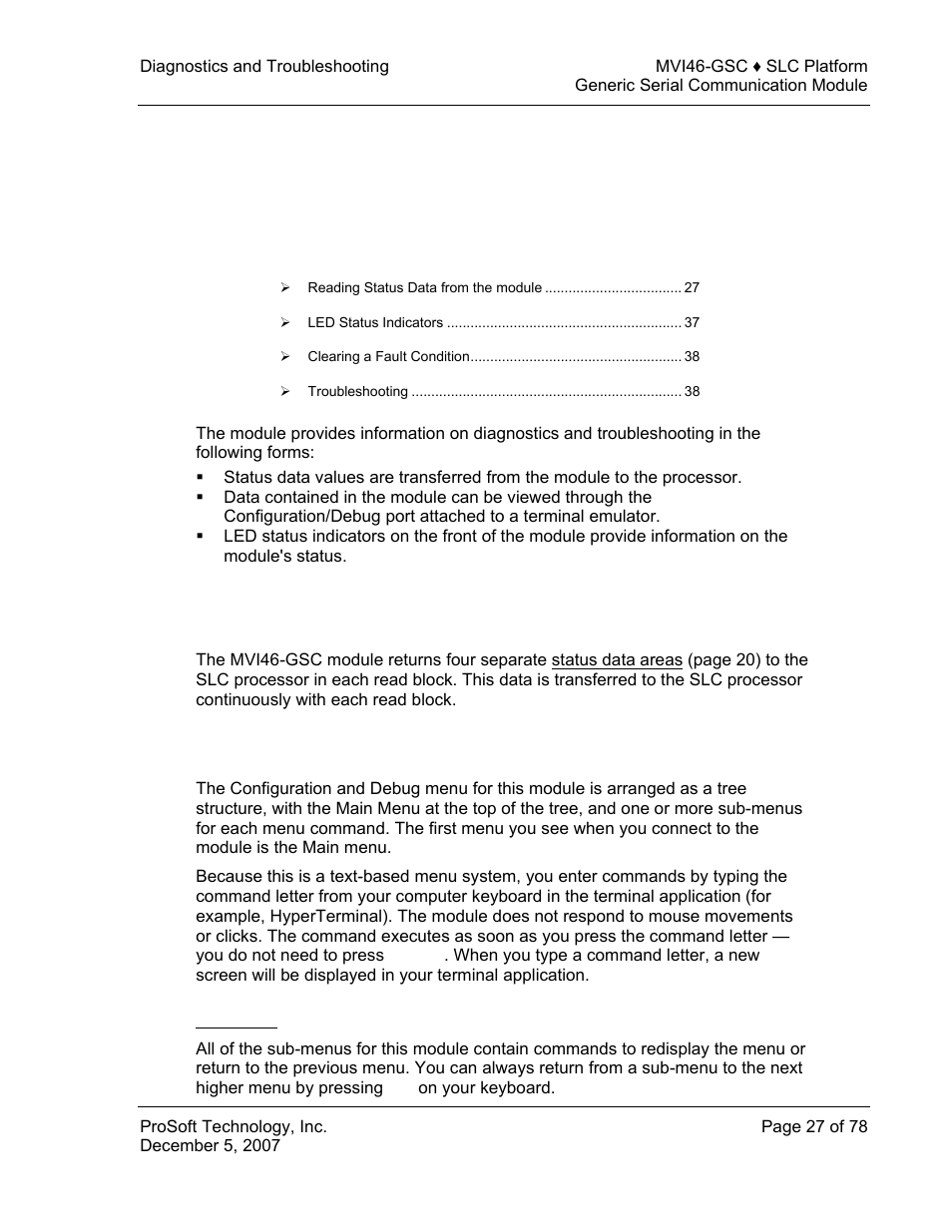 Diagnostics and troubleshooting, Reading status data from the module, The configuration/debug menu | Navigation, E 27), 4 diagnostics and troubleshooting | ProSoft Technology MVI46-GSC User Manual | Page 27 / 78