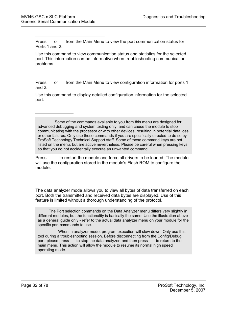 Viewing port communication status, Viewing port configuration, Exiting the program | Data analyzer | ProSoft Technology MVI46-GSC User Manual | Page 32 / 78