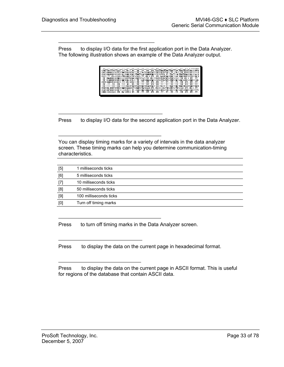 Analyzing data for the first application port, Analyzing data for the second application port, Displaying timing marks in the data analyzer | Removing timing marks in the data analyzer, Viewing data in hexadecimal format, Viewing data in ascii (text) format | ProSoft Technology MVI46-GSC User Manual | Page 33 / 78