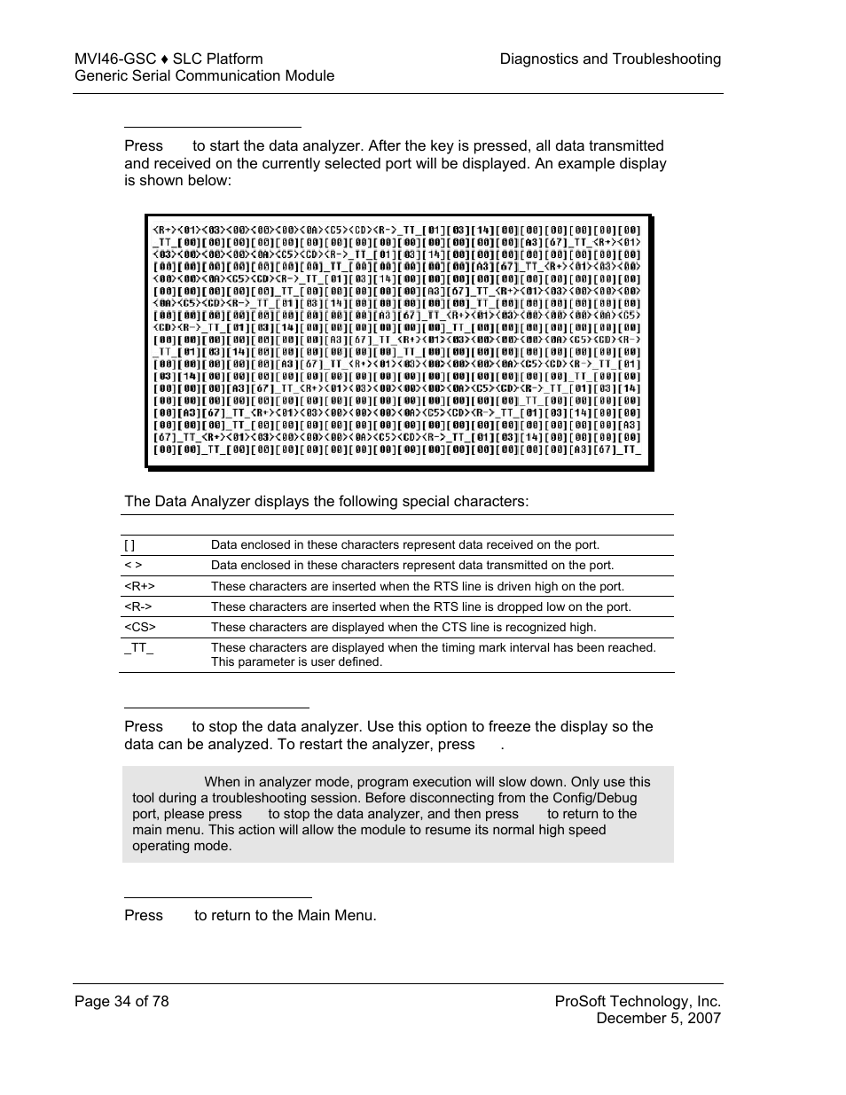 Starting the data analyzer, Stopping the data analyzer, Returning to the main menu | ProSoft Technology MVI46-GSC User Manual | Page 34 / 78