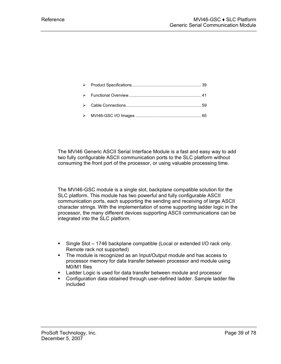 Reference, Product specifications, Features and benefits | General specifications, E 39), 5 reference | ProSoft Technology MVI46-GSC User Manual | Page 39 / 78