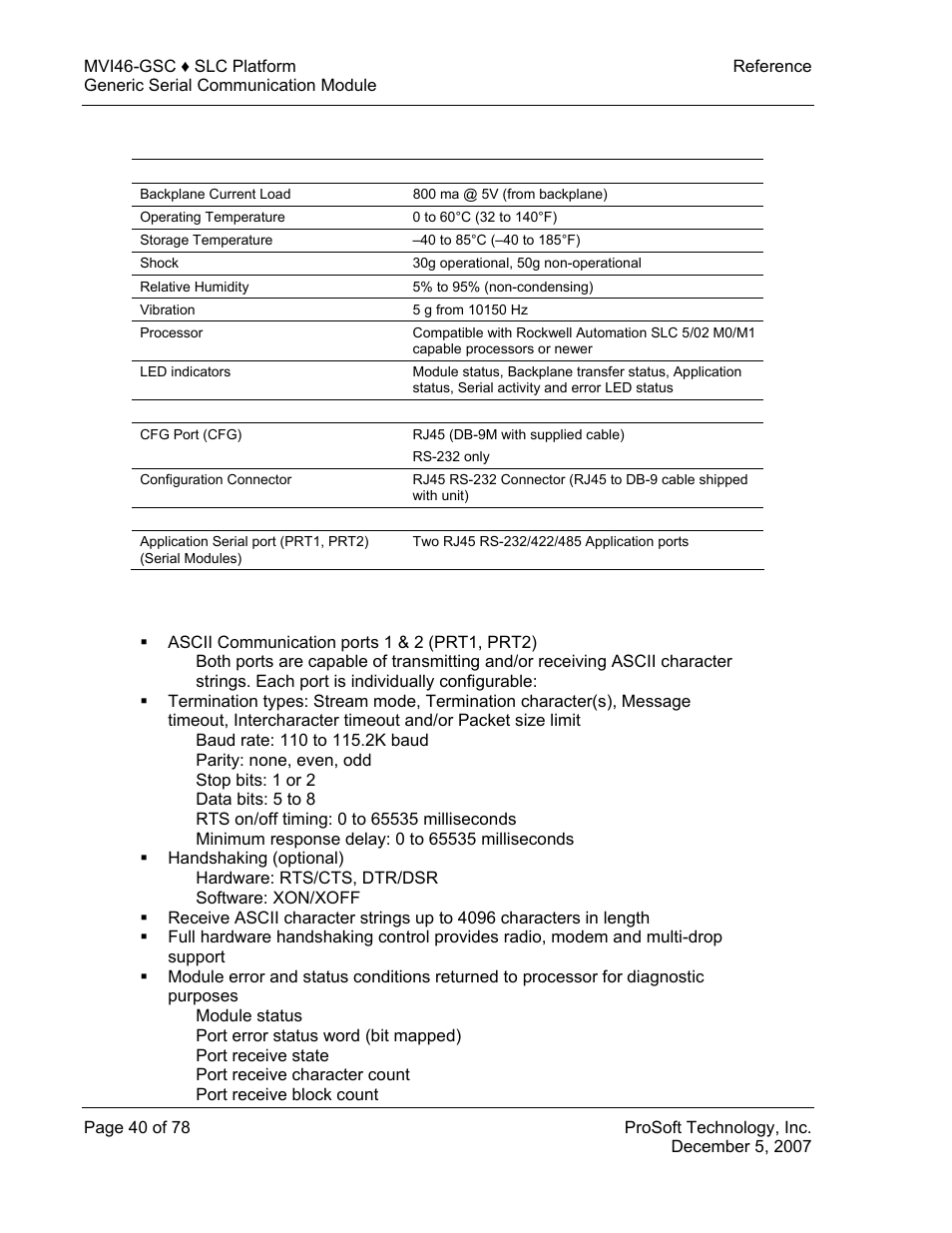 Hardware specifications, Functional specifications | ProSoft Technology MVI46-GSC User Manual | Page 40 / 78