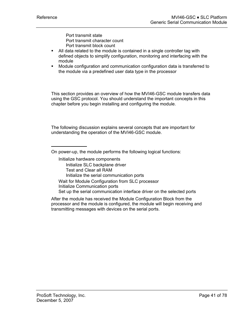 Functional overview, General concepts, Module power up | E 41), Functional, Overview | ProSoft Technology MVI46-GSC User Manual | Page 41 / 78