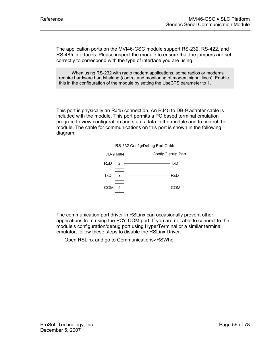 Cable connections, Rs-232 configuration/debug port, Cable | Connections | ProSoft Technology MVI46-GSC User Manual | Page 59 / 78