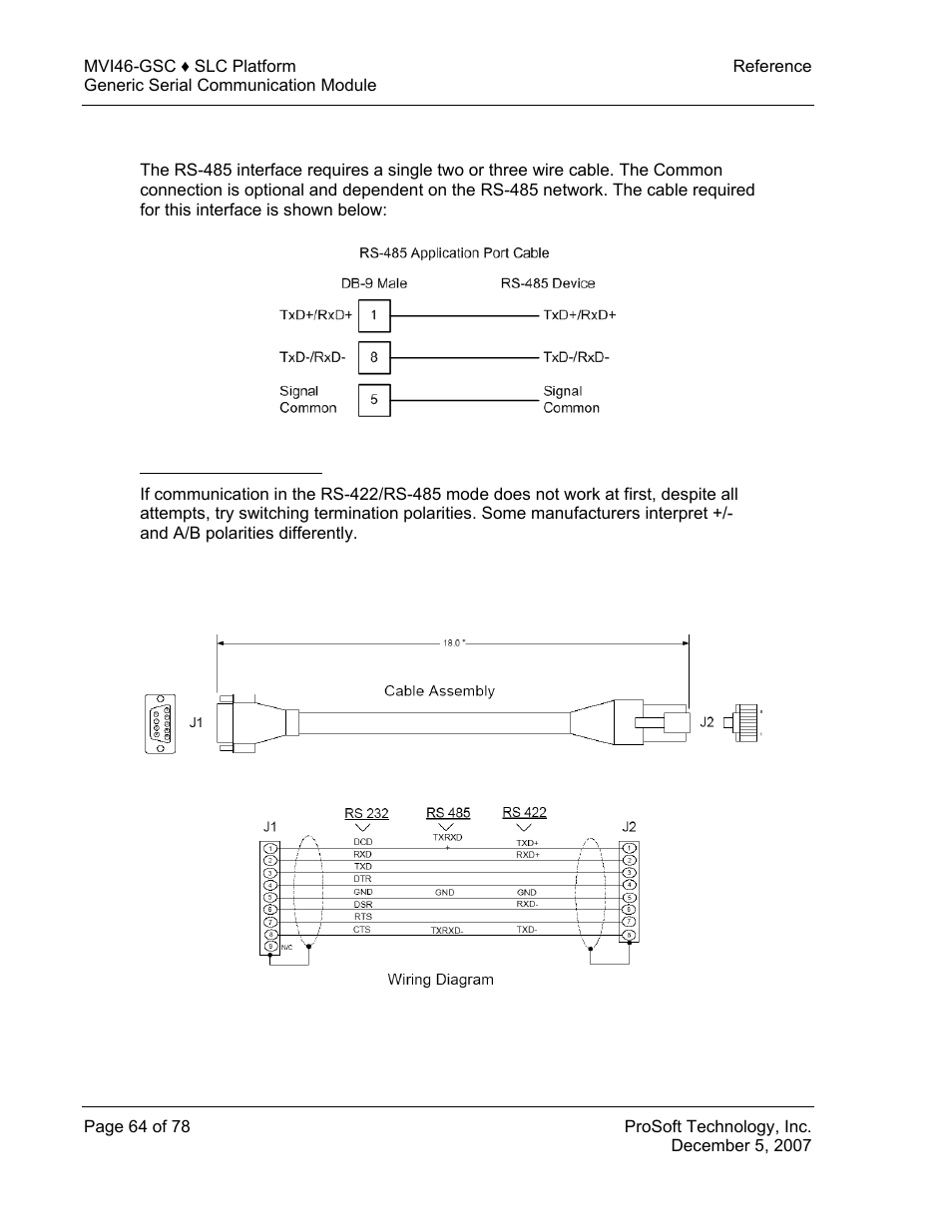 Rs-485, Rs-485 and rs-422 tip, Db9 to rj45 adaptor (cable 14) | ProSoft Technology MVI46-GSC User Manual | Page 64 / 78