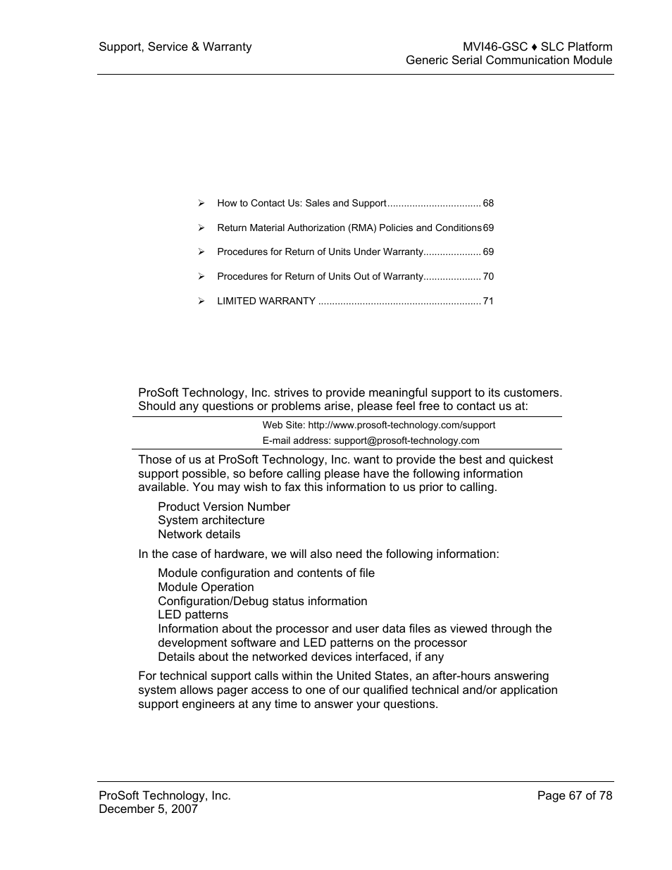 Support, service & warranty, E 67), 6support, service & warranty | ProSoft Technology MVI46-GSC User Manual | Page 67 / 78