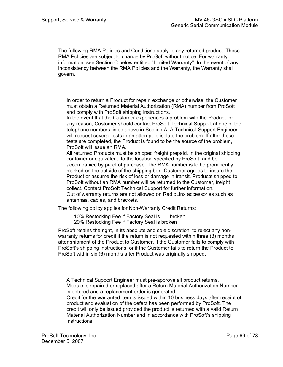 All product returns, Procedures for return of units under warranty | ProSoft Technology MVI46-GSC User Manual | Page 69 / 78