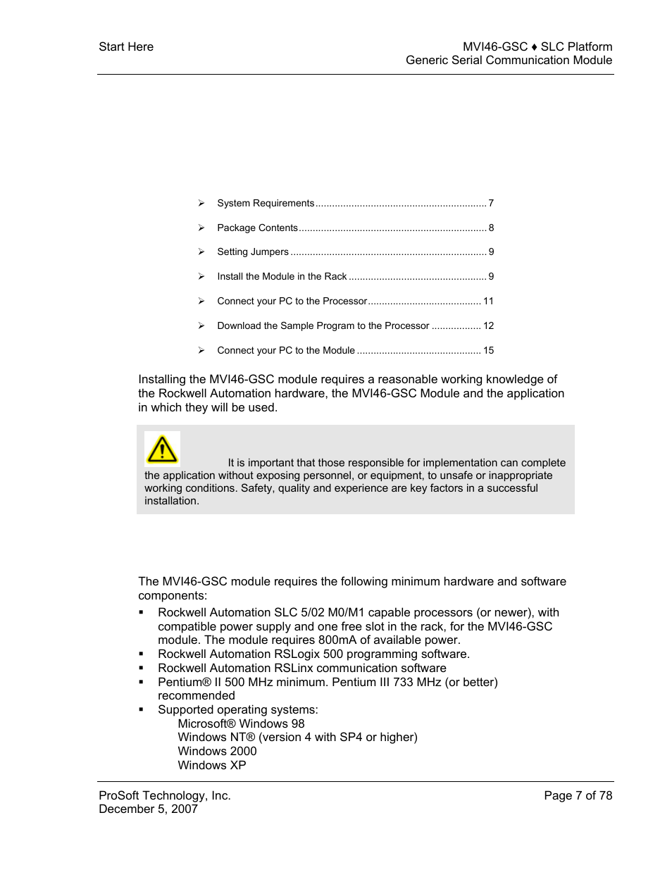 Start here, System requirements, Ge 7) | 1 start here | ProSoft Technology MVI46-GSC User Manual | Page 7 / 78