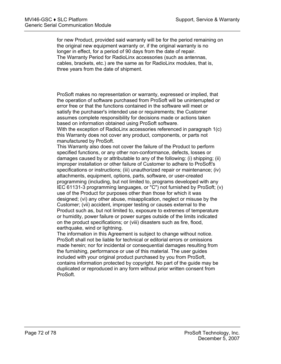 What is not covered by this warranty | ProSoft Technology MVI46-GSC User Manual | Page 72 / 78