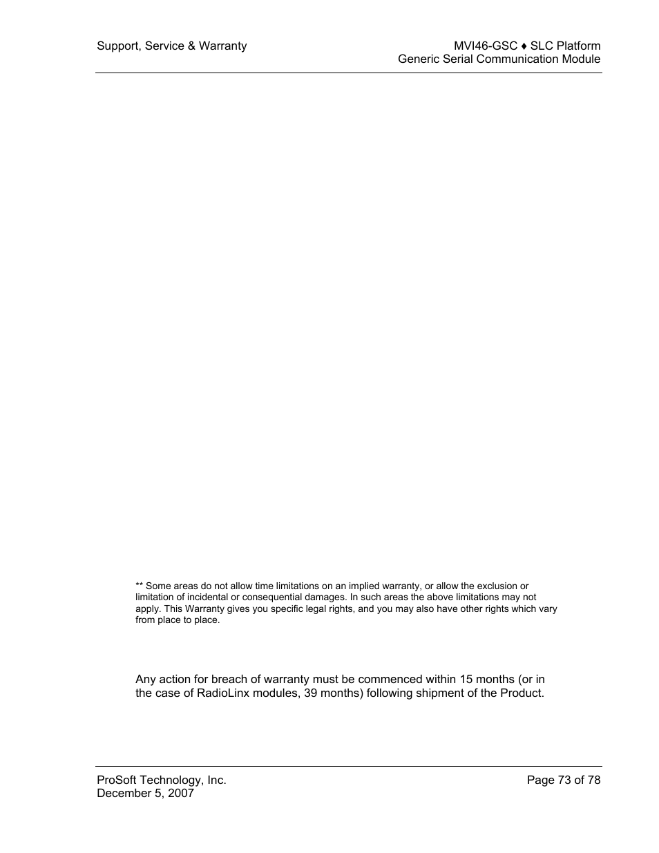 Disclaimer regarding high risk activities, Disclaimer of all other warranties, Limitation of remedies | Time limit for bringing suit | ProSoft Technology MVI46-GSC User Manual | Page 73 / 78