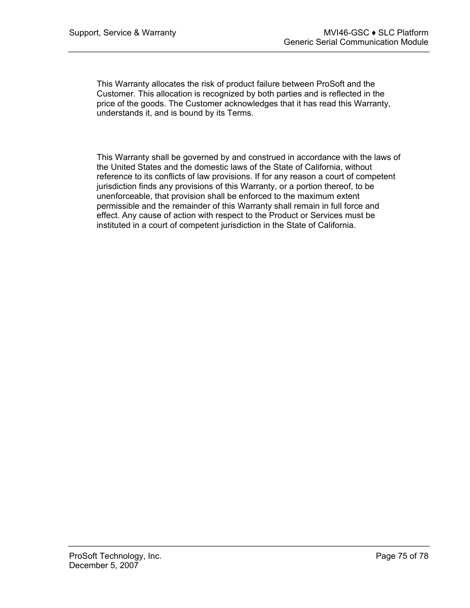 Allocation of risks, Controlling law and severability | ProSoft Technology MVI46-GSC User Manual | Page 75 / 78