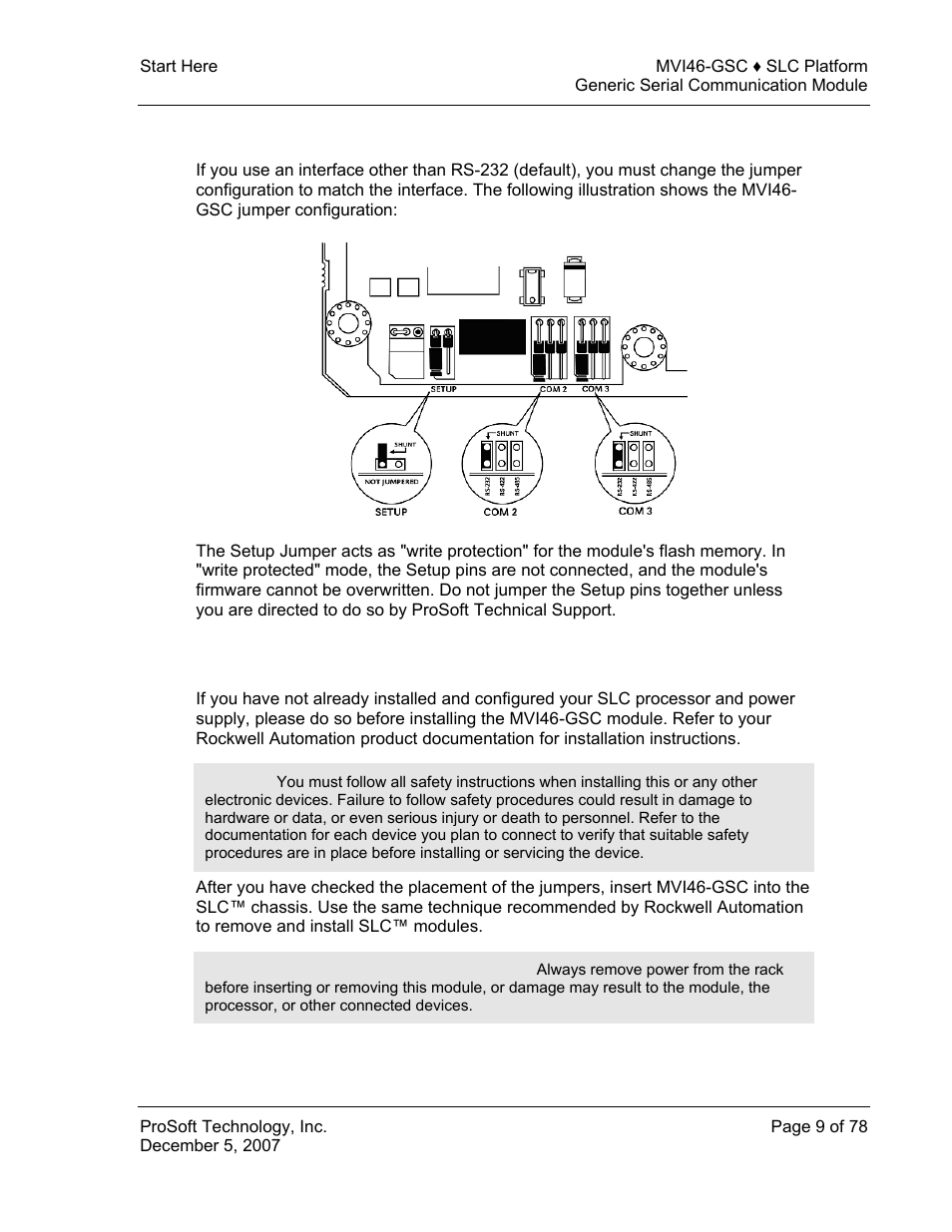 Setting jumpers, Install the module in the rack, Setting | Jumpers | ProSoft Technology MVI46-GSC User Manual | Page 9 / 78