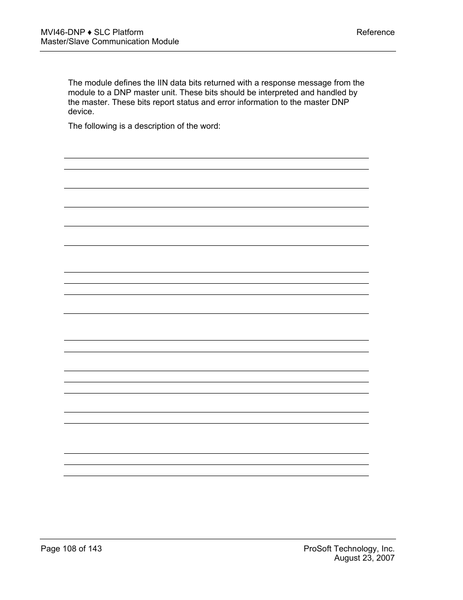 Iin response – slave port, First byte, Second byte | ProSoft Technology MVI46-DNP User Manual | Page 108 / 143