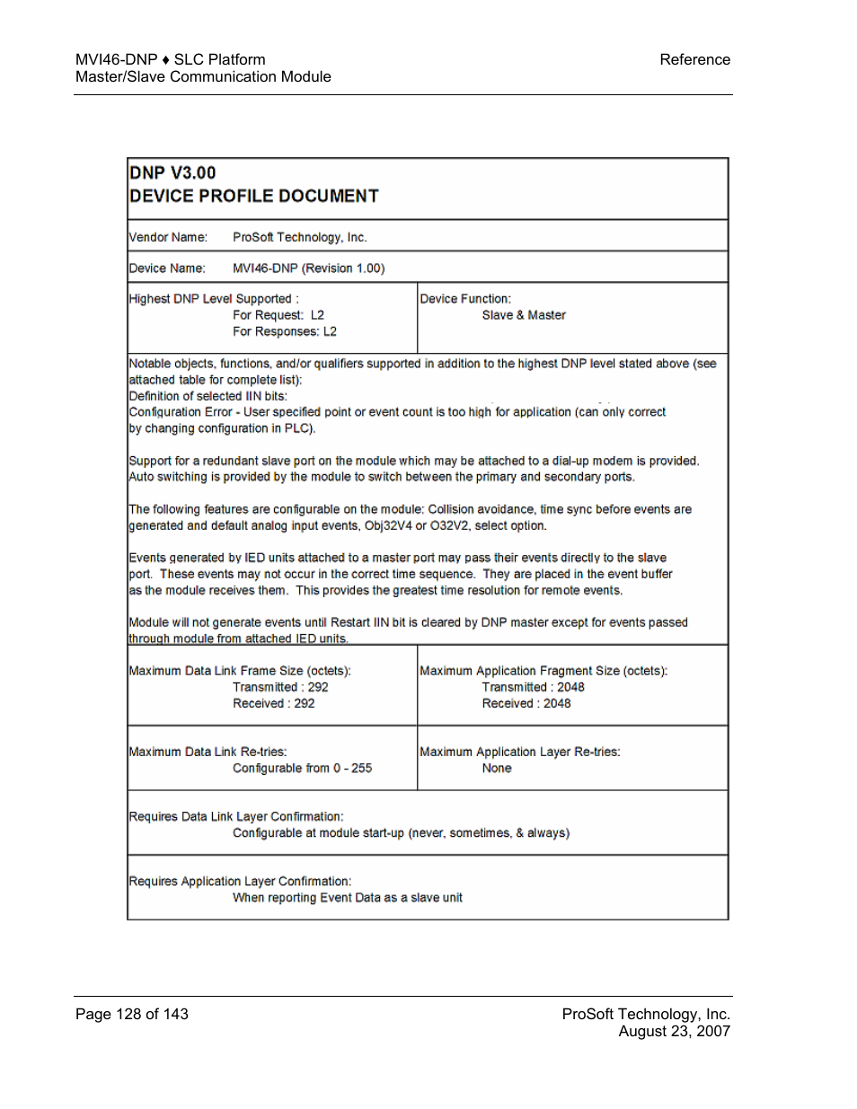 Dnp device profile, Device profile | ProSoft Technology MVI46-DNP User Manual | Page 128 / 143