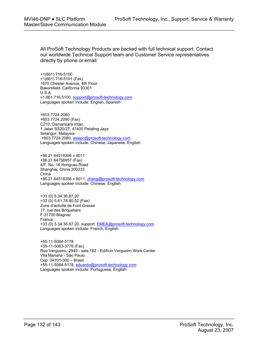 How to contact us: sales and support | ProSoft Technology MVI46-DNP User Manual | Page 132 / 143