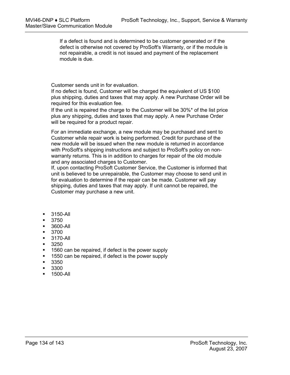 Procedures for return of units out of warranty, Un-repairable units | ProSoft Technology MVI46-DNP User Manual | Page 134 / 143