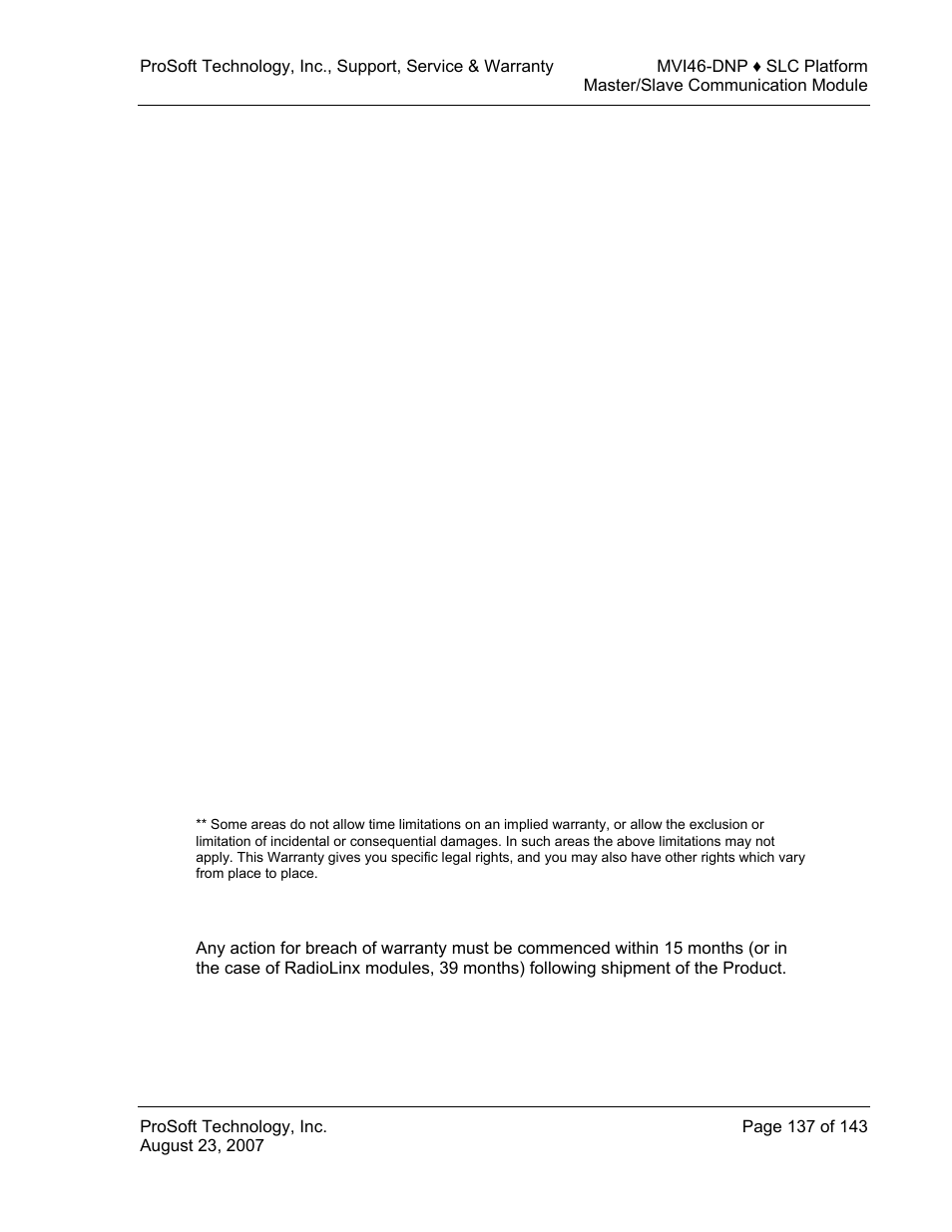 Disclaimer regarding high risk activities, Disclaimer of all other warranties, Limitation of remedies | Time limit for bringing suit | ProSoft Technology MVI46-DNP User Manual | Page 137 / 143