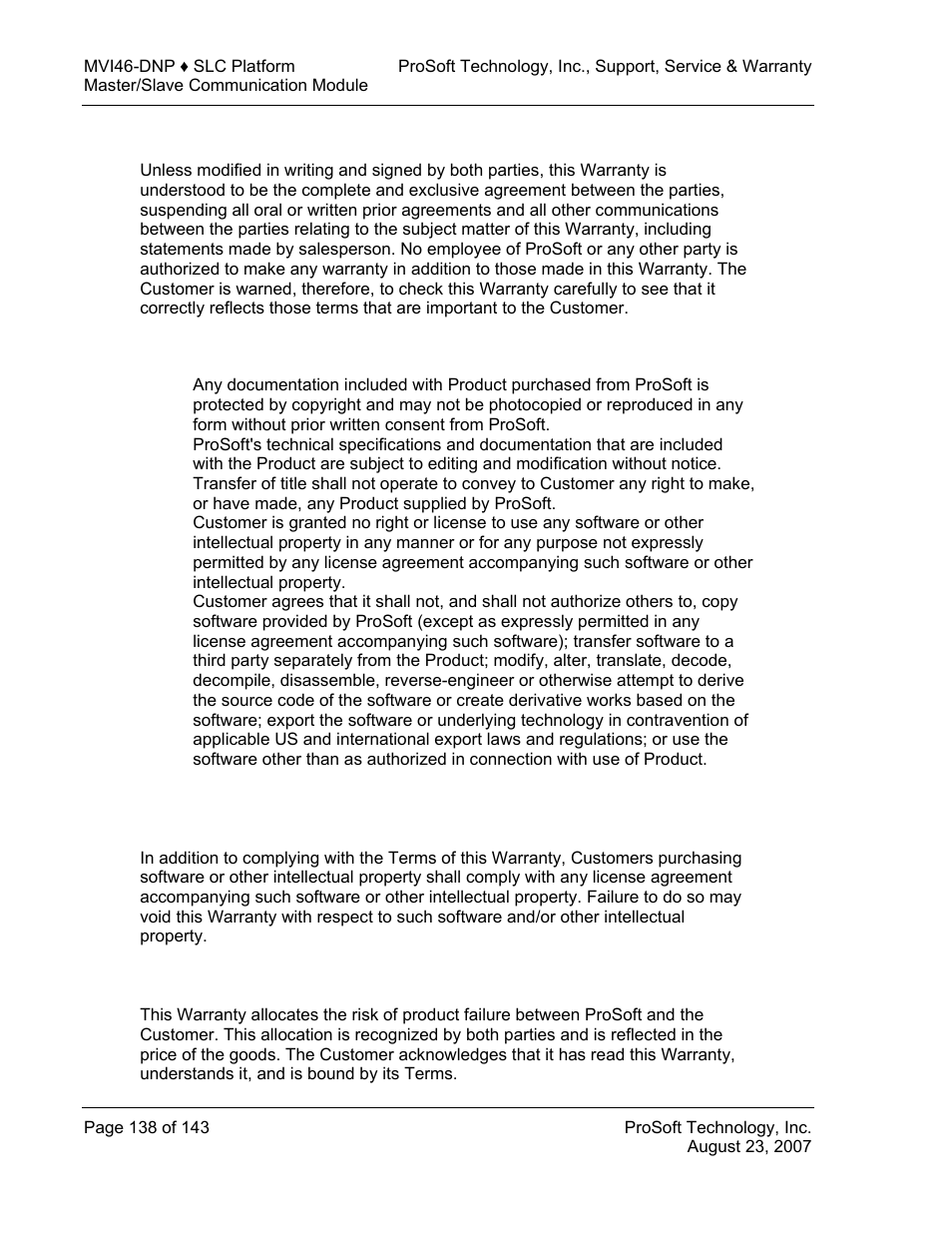 No other warranties, Intellectual property, Allocation of risks | ProSoft Technology MVI46-DNP User Manual | Page 138 / 143