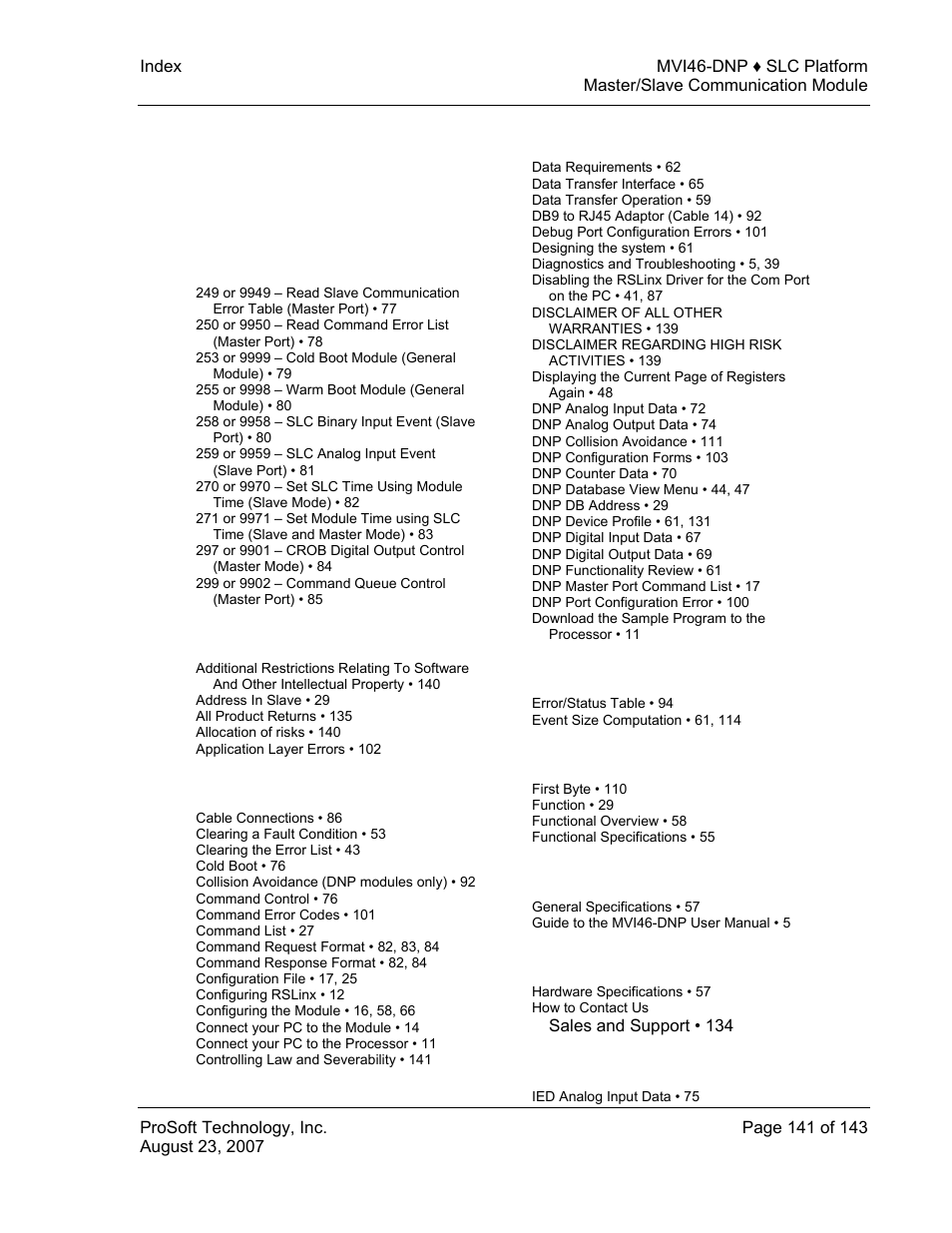 Index | ProSoft Technology MVI46-DNP User Manual | Page 141 / 143