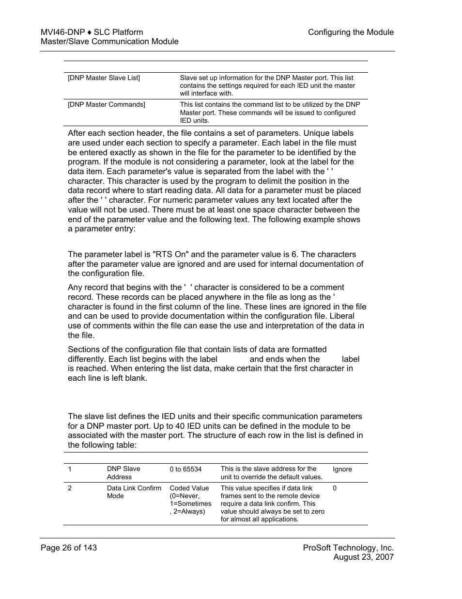 Slave list | ProSoft Technology MVI46-DNP User Manual | Page 26 / 143