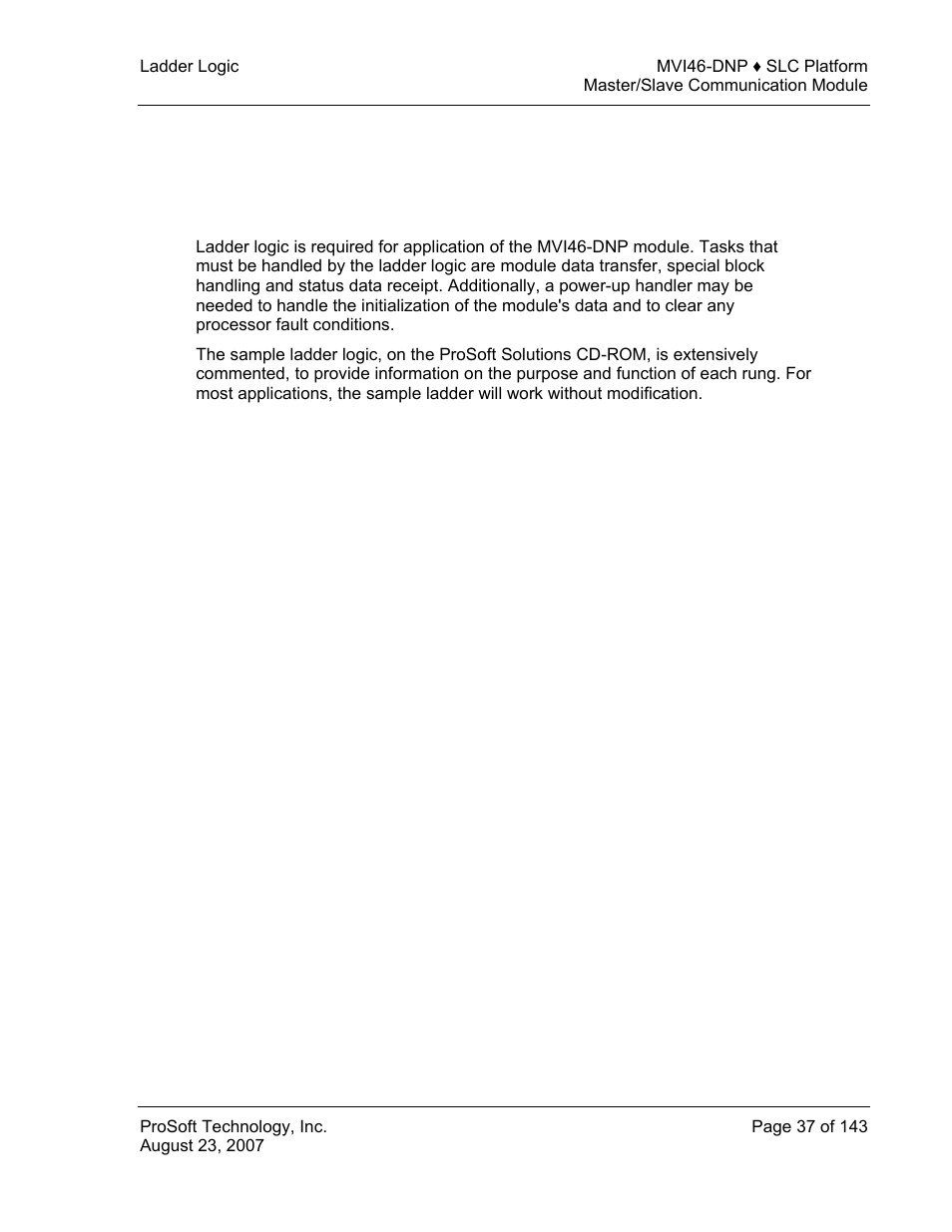 Ladder logic, 3 ladder logic | ProSoft Technology MVI46-DNP User Manual | Page 37 / 143