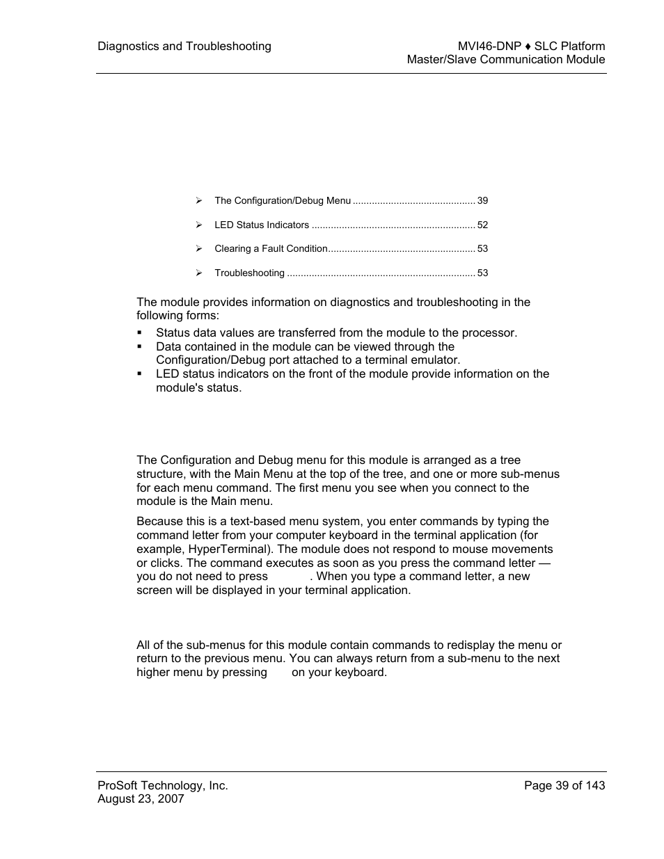 Diagnostics and troubleshooting, The configuration/debug menu, Navigation | E 39), 4 diagnostics and troubleshooting | ProSoft Technology MVI46-DNP User Manual | Page 39 / 143