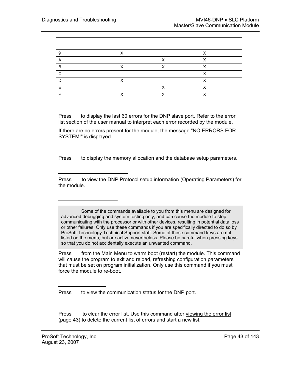 Viewing the error list, Viewing dnp set up & pointers, Viewing operating parameters | Warm booting the module, Viewing comm stats, Clearing the error list | ProSoft Technology MVI46-DNP User Manual | Page 43 / 143