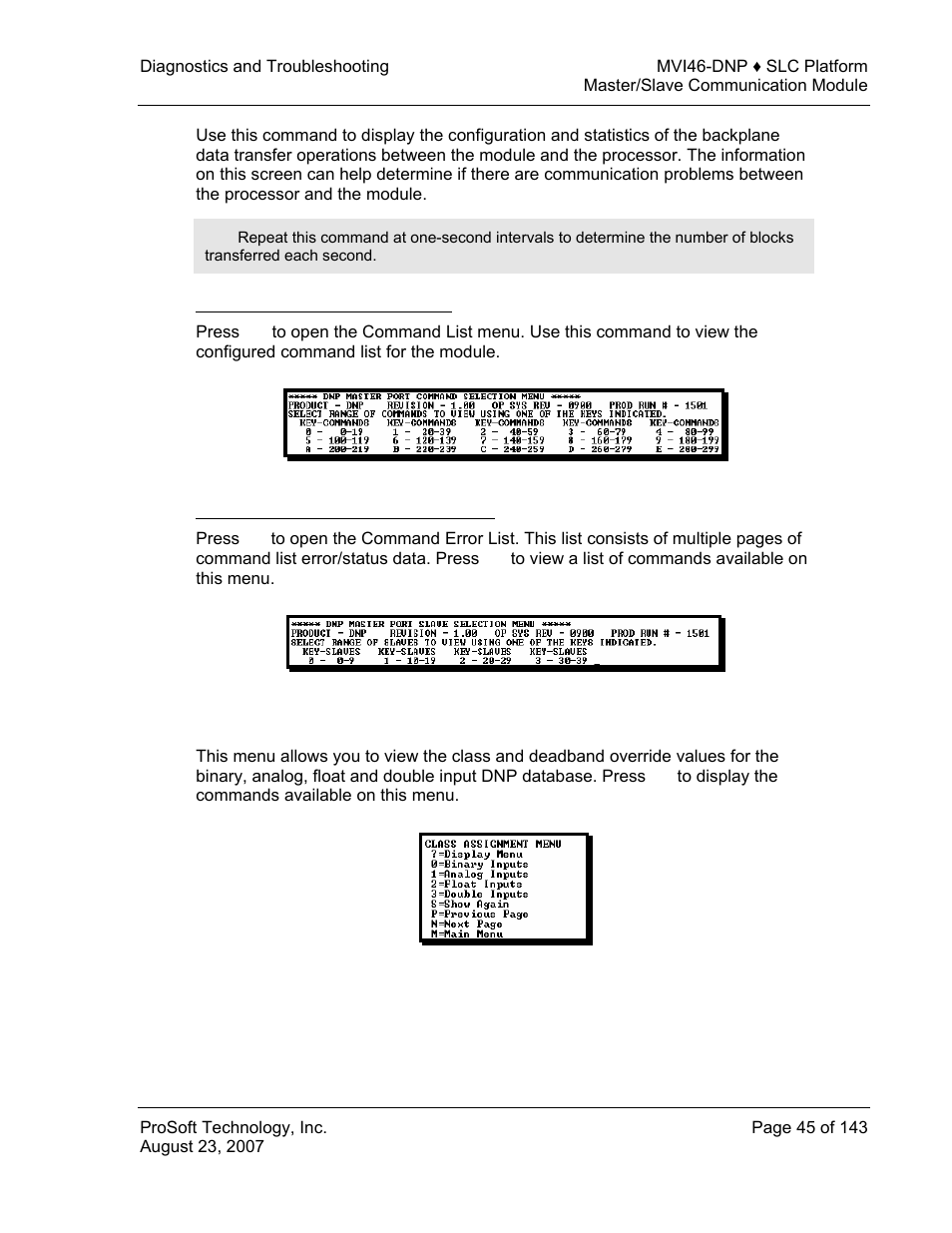 Opening the command list menu, Opening the command error list menu, The class assignment menu | ProSoft Technology MVI46-DNP User Manual | Page 45 / 143