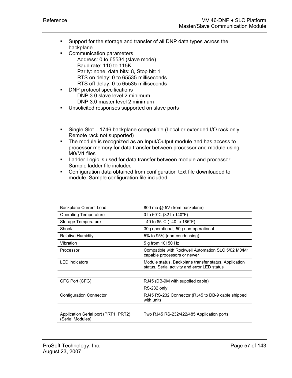 General specifications, Hardware specifications | ProSoft Technology MVI46-DNP User Manual | Page 57 / 143