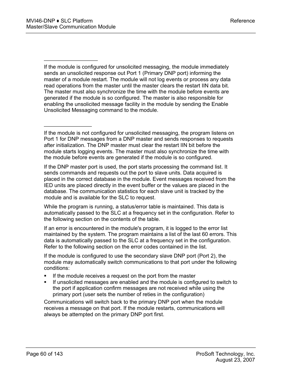Module dnp protocol operation, Unsolicited messaging, Solicited messaging | ProSoft Technology MVI46-DNP User Manual | Page 60 / 143