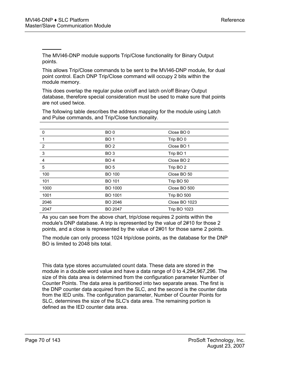 Trip/close, Dnp counter data | ProSoft Technology MVI46-DNP User Manual | Page 70 / 143