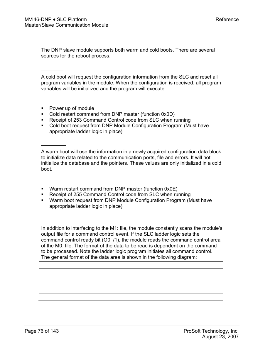 Warm and cold boot, Cold boot, Warm boot | Command control | ProSoft Technology MVI46-DNP User Manual | Page 76 / 143