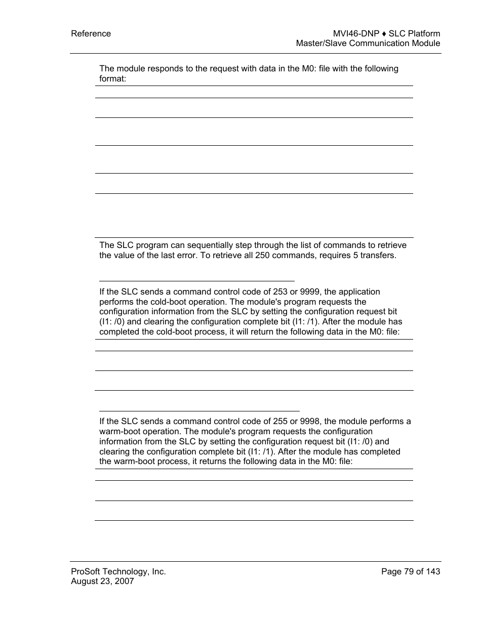 253 or 9999 – cold boot module (general module), 255 or 9998 – warm boot module (general module) | ProSoft Technology MVI46-DNP User Manual | Page 79 / 143
