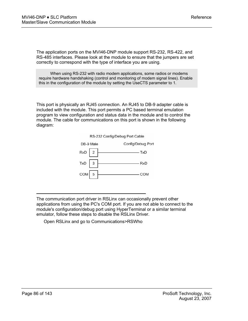 Cable connections, Rs-232 configuration/debug port, Cable | Connections | ProSoft Technology MVI46-DNP User Manual | Page 86 / 143