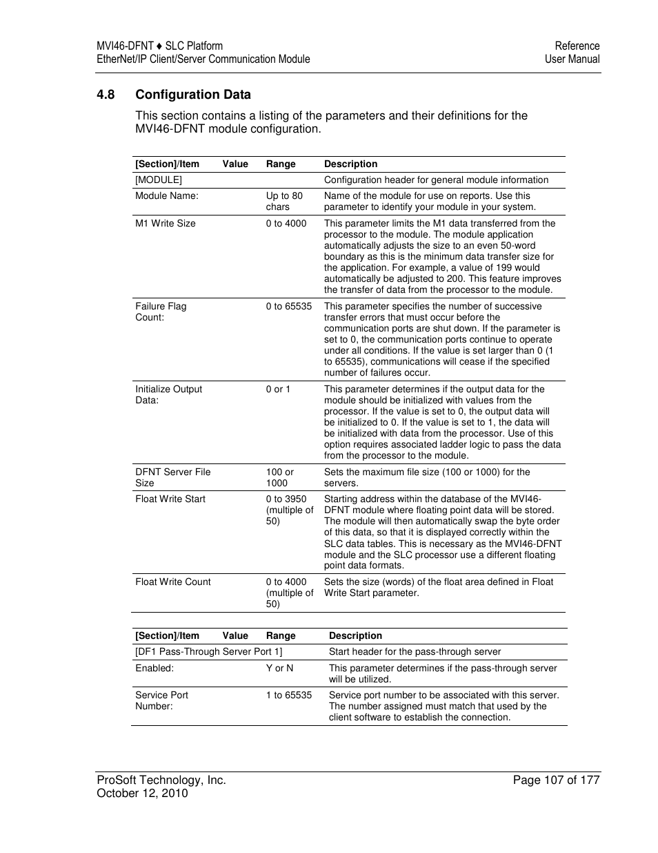 8 configuration data | ProSoft Technology MVI46-DFNT User Manual | Page 107 / 177