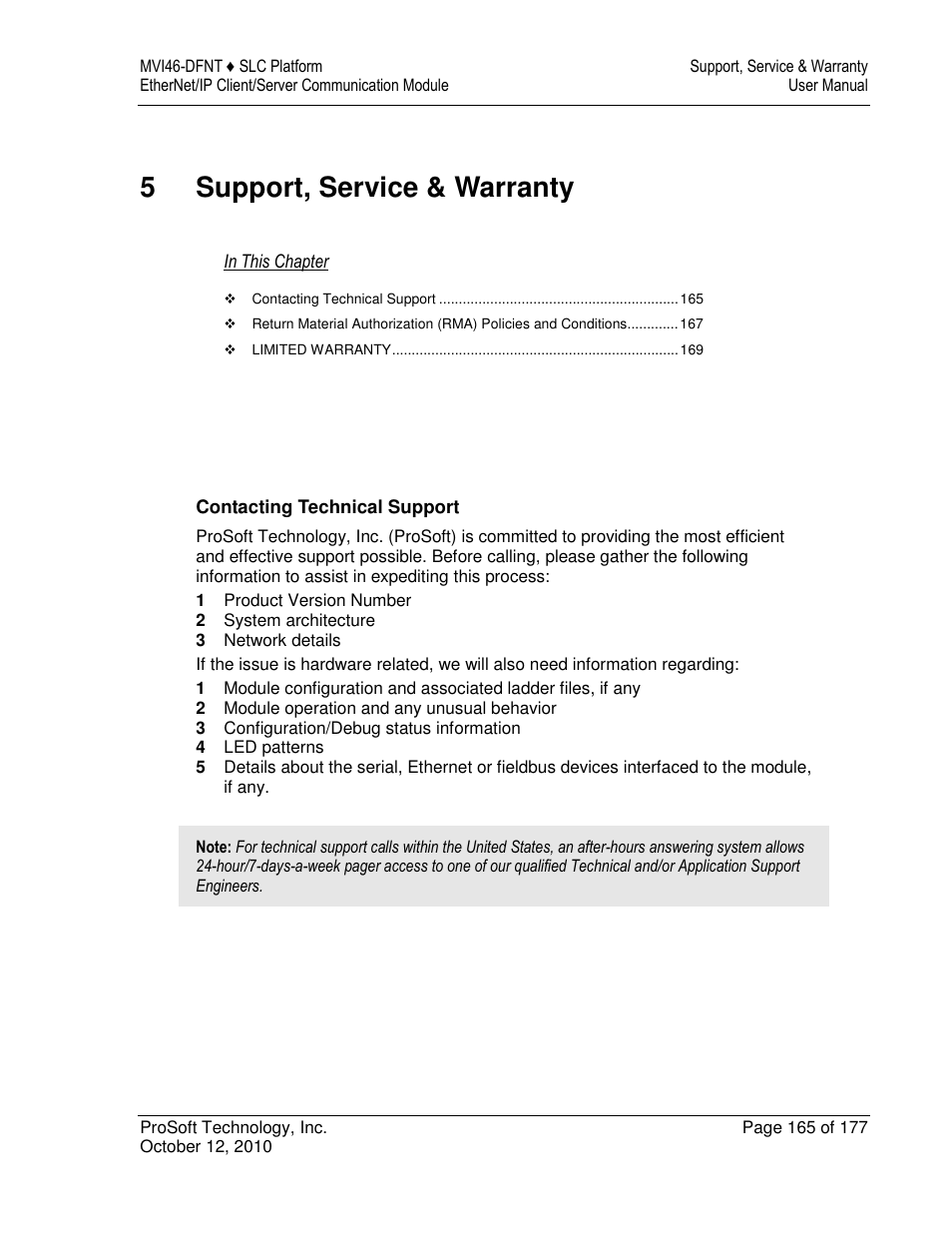 5support, service & warranty | ProSoft Technology MVI46-DFNT User Manual | Page 165 / 177