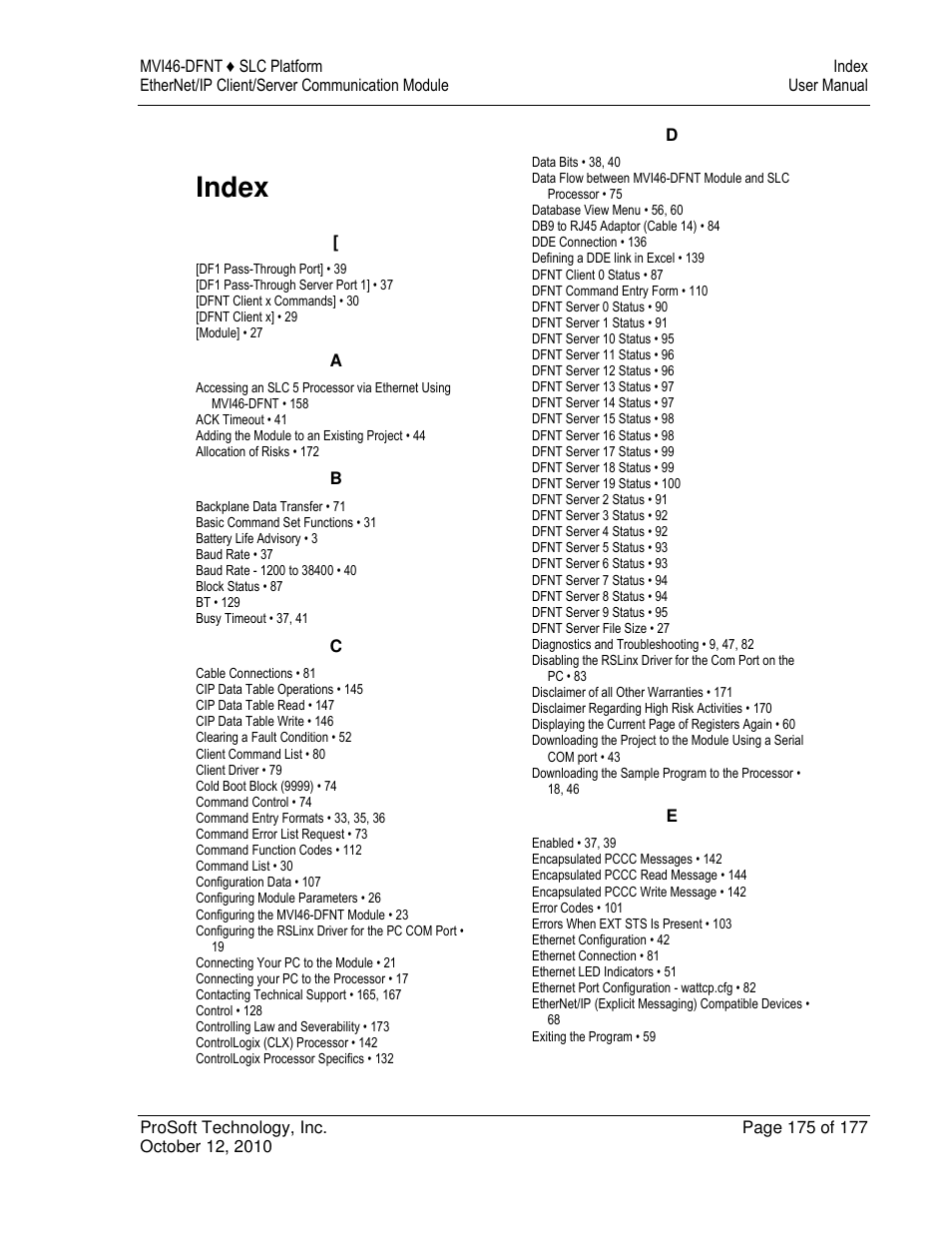 Index | ProSoft Technology MVI46-DFNT User Manual | Page 175 / 177