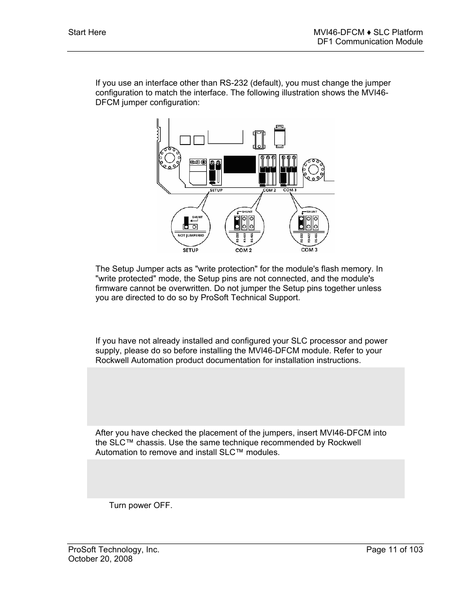 Setting jumpers, Install the module in the rack, Setting | Jumpers | ProSoft Technology MVI46-DFCM User Manual | Page 11 / 103